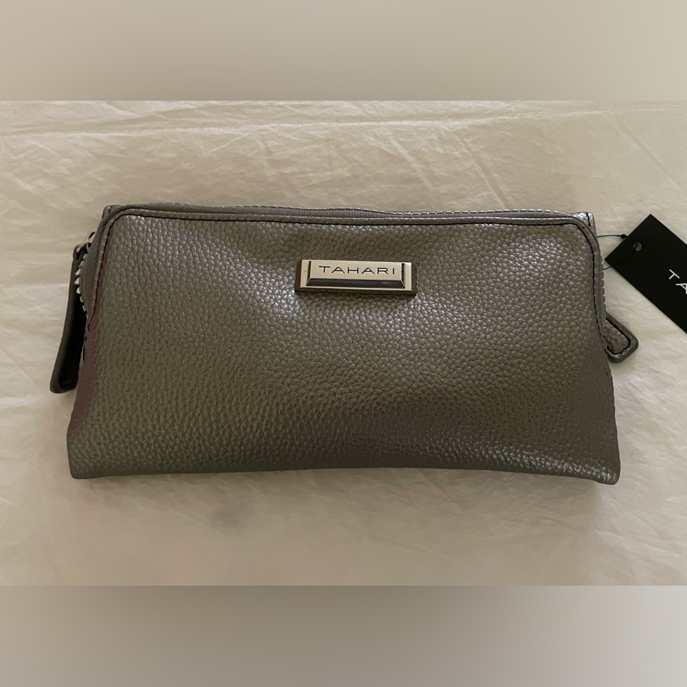 Tahari Pewter zip front clutch